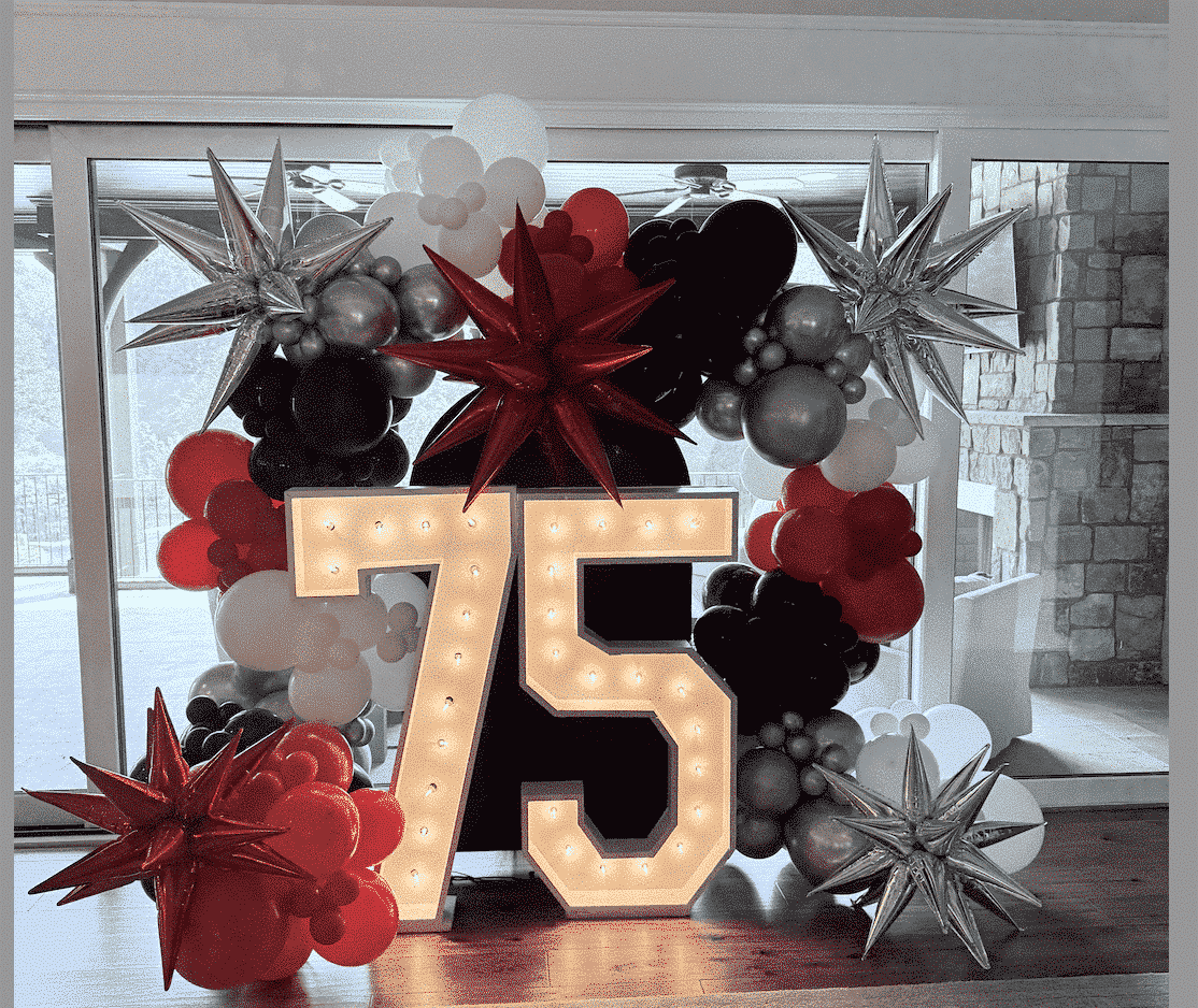 light up marquee numbers with balloon garland